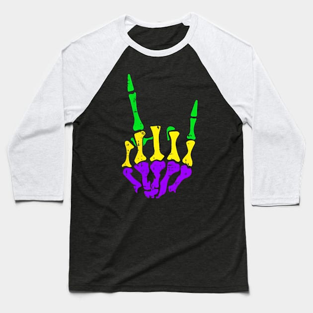 Skeleton Rock Hand Pocket Mardi Gras Bones Music Lover Band Baseball T-Shirt by Saboia Alves